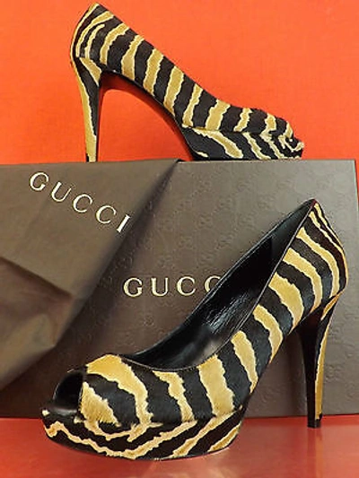 Pre-owned Gucci Betty Zebra Print Pony Hair Open Toe Platform Classic Pumps 37 7 $795 In Black/caramel