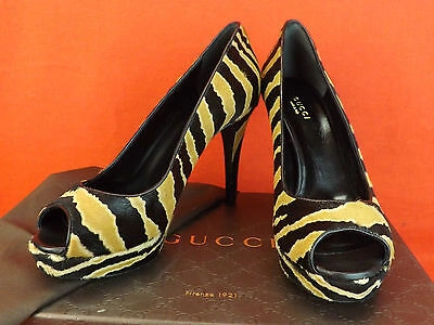 Pre-owned Gucci Betty Zebra Print Pony Hair Open Toe Platform Classic Pumps 37 7 $795 In Black/caramel