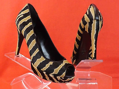 Pre-owned Gucci Betty Zebra Print Pony Hair Open Toe Platform Classic Pumps 37 7 $795 In Black/caramel