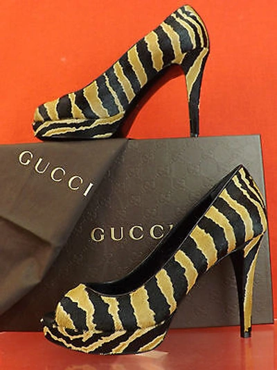 Pre-owned Gucci Betty Zebra Print Pony Hair Open Toe Platform Classic Pumps 37 7 $795 In Black/caramel