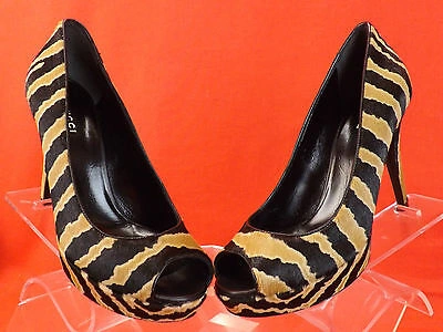 Pre-owned Gucci Betty Zebra Print Pony Hair Open Toe Platform Classic Pumps 37 7 $795 In Black/caramel