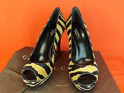 Pre-owned Gucci Betty Zebra Print Pony Hair Open Toe Platform Classic Pumps 37 7 $795 In Black/caramel