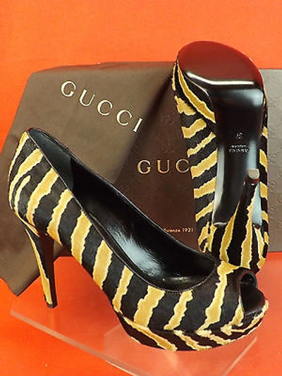 Pre-owned Gucci Betty Zebra Print Pony Hair Open Toe Platform Classic Pumps 37 7 $795 In Black/caramel
