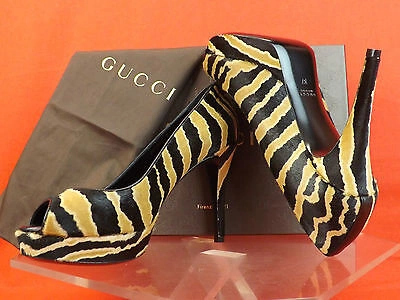 Pre-owned Gucci Betty Zebra Print Pony Hair Open Toe Platform Classic Pumps 37 7 $795 In Black/caramel