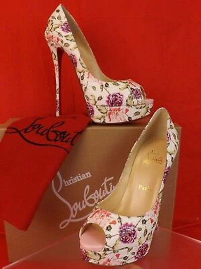 Pre-owned Christian Louboutin Louboutin Fetish Peep Toe 150 Latte Watersnake Floral Platform Pumps 40 In Multicolor