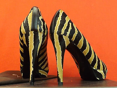 Pre-owned Gucci Betty Zebra Print Pony Hair Open Toe Platform Classic Pumps 37 7 $795 In Black/caramel