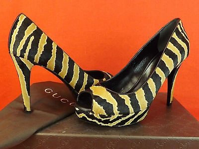 Pre-owned Gucci Betty Zebra Print Pony Hair Open Toe Platform Classic Pumps 37 7 $795 In Black/caramel