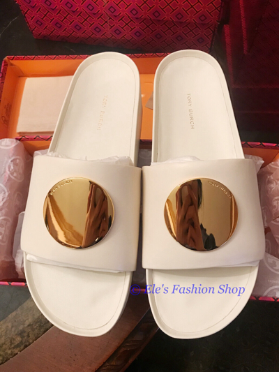 Pre-owned Tory Burch Patos Platform Leather Slide Sandal Ivory Us 9.5 10 Authentic In White