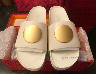 Pre-owned Tory Burch Patos Platform Leather Slide Sandal Ivory Us 9.5 10 Authentic In White