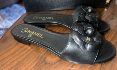 Pre-owned Chanel Camellia Flower Slides Cc Logo Mules Sandals, Sz 38 & 38.5 In Black
