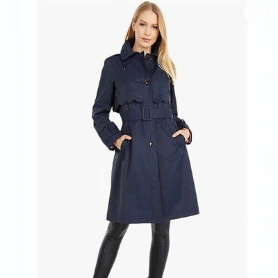 Pre-owned Kate Spade York Scalloped Belted Hooded Fall Spring Rain Trench Coat In Blue