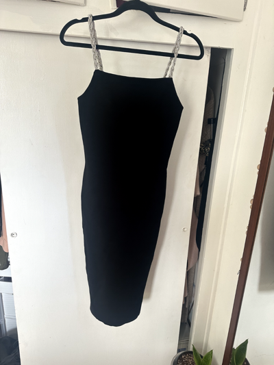 Pre-owned Alice And Olivia Alice + Olivia Valda Diamond Shine Strap Stretch Bodycon Knit Midi Dress Sz M In Black