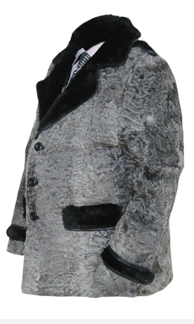 Pre-owned Handmade Gray Real Karakul Fur Real Persian Lamb Fur Coat Black Real Mink Fur Size 4xl