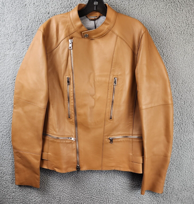 Pre-owned Michael Kors Nappa Leather Moto Jacket Men's M Peanut Zipper Front Closure