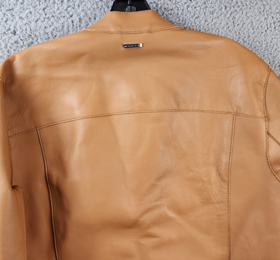 Pre-owned Michael Kors Nappa Leather Moto Jacket Men's M Peanut Zipper Front Closure