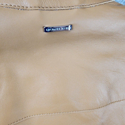 Pre-owned Michael Kors Nappa Leather Moto Jacket Men's M Peanut Zipper Front Closure