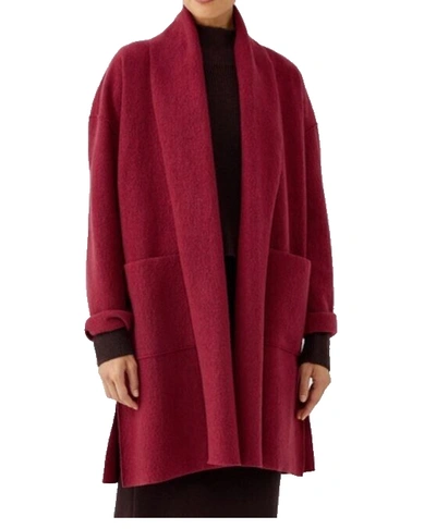 Pre-owned Eileen Fisher Ltweight Boiled Wool Long Coat Jacket Duster Deep Claret Red M