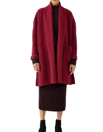 Pre-owned Eileen Fisher Ltweight Boiled Wool Long Coat Jacket Duster Deep Claret Red M