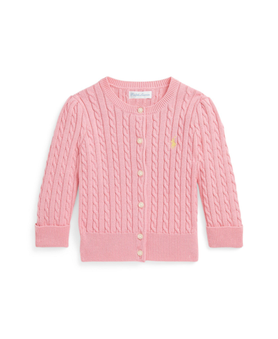 Shop Polo Ralph Lauren Baby Girls Mini-cable Cotton Cardigan Sweater In Florida Pink With Oasis Yellow