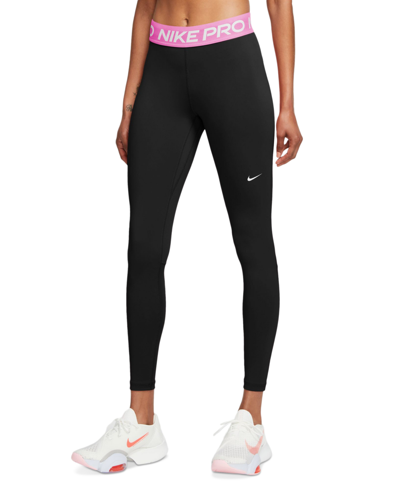Shop Nike Pro Women's Mid-rise Mesh-paneled Leggings In Black,playful Pink,white