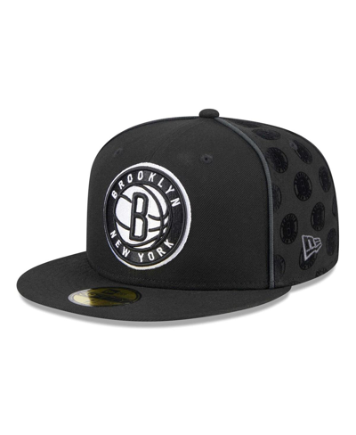 NEW ERA MEN'S NEW ERA BLACK BROOKLYN NETS PIPED & FLOCKED 59FIFTY FITTED HAT 
