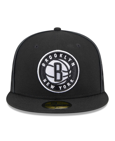 New Era Men's  Black Brooklyn Nets Piped & Flocked 59fifty Fitted Hat In Black