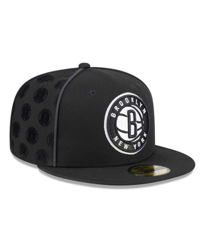 New Era Men's  Black Brooklyn Nets Piped & Flocked 59fifty Fitted Hat In Black