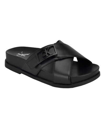 Shop Calvin Klein Women's Eandria Criss-cross Flat Casual Sandals In Black- Faux Leather