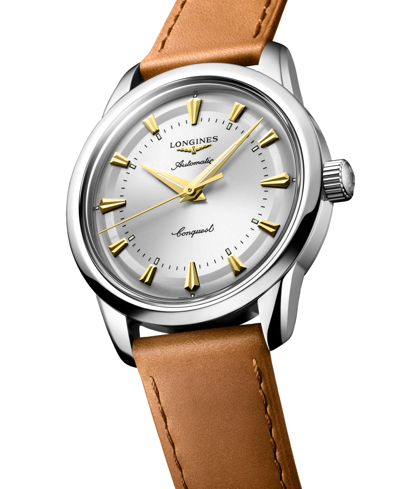 Longines Unisex Swiss Automatic Conquest Heritage Brown Leather Strap Watch 38mm In Stainless Steel