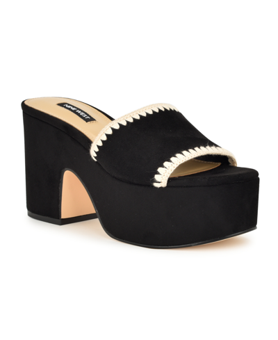 Shop Nine West Women's Yickie Slip-on Round Toe Wedge Sandals In Black