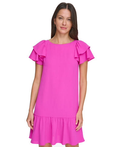 Shop Dkny Petite Flutter-sleeve Ruffle-hem Dress In Power Pink