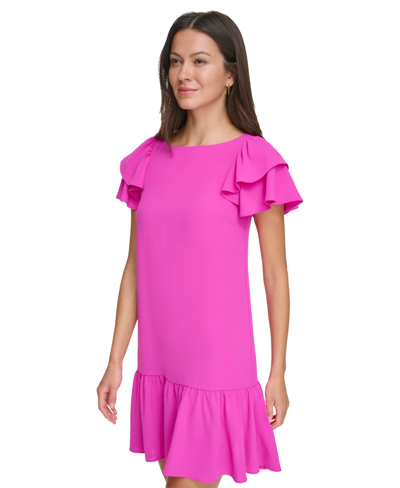 Shop Dkny Petite Flutter-sleeve Ruffle-hem Dress In Power Pink
