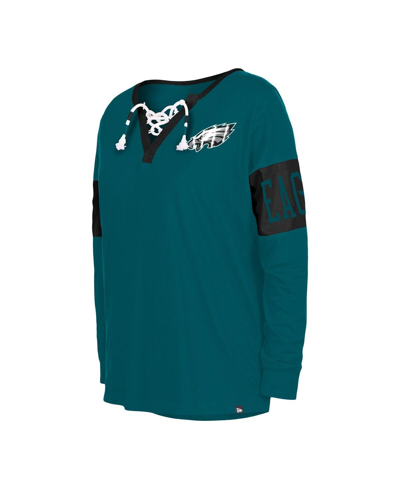 New Era Women's  Midnight Green Philadelphia Eagles Lace-up Notch Neck Long Sleeve T-shirt In Midnight Green