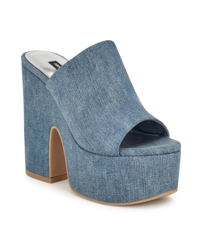 Shop Nine West Women's Olley Slip-on Open Toe Wedge Sandals In Blue Denim