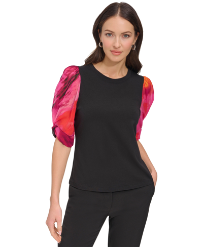 Shop Dkny Women's Printed Chiffon-sleeve Top In Black,shocking Pink Multi