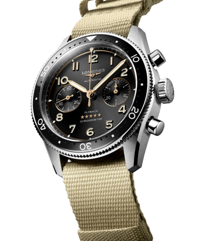 Longines Men's Swiss Automatic Chronograph Spirit Flyback Beige Nato Strap Watch 42mm In Black