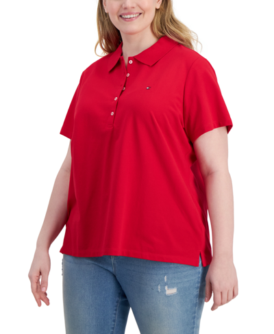 Shop Tommy Hilfiger Plus Size Short-sleeve Polo Shirt In Scarlet