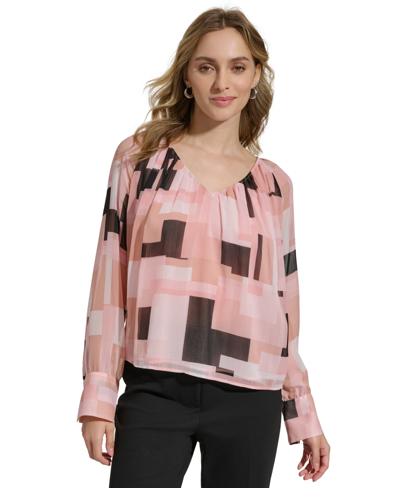 Shop Calvin Klein Women's Printed V-neck Long-sleeve Top In Desert Rose,black