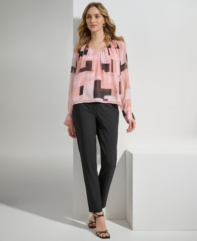 Shop Calvin Klein Women's Printed V-neck Long-sleeve Top In Desert Rose,black