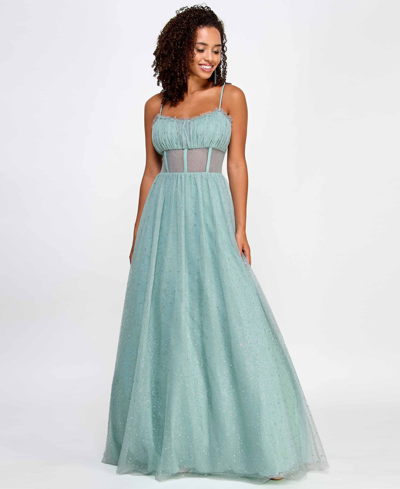 Shop Say Yes Juniors' Rhinestone-embellished Mesh-waist Gown, Created For Macy's In Seagreen
