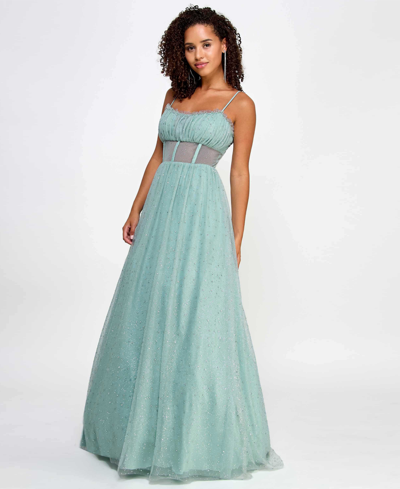 Shop Say Yes Juniors' Rhinestone-embellished Mesh-waist Gown, Created For Macy's In Seagreen