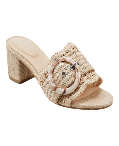 Shop Bandolino Women's Anni Raffia Crochet Block Heel Slide Dress Sandals In Light Natural