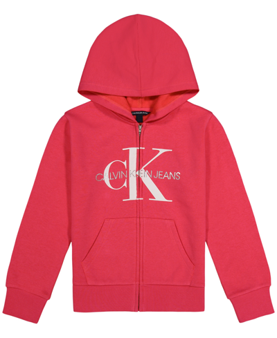 Shop Calvin Klein Big Girls Monogram Logo Fleece Hoodie In Honeysuckle