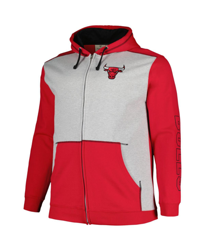 Fanatics Men's  Red, Heather Gray Chicago Bulls Big And Tall Contrast Pieced Stitched Full-zip Hoodie In Red,heather Gray