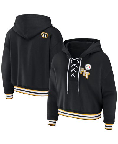 Shop Wear By Erin Andrews Women's  Black Pittsburgh Steelers Lace-up Pullover Hoodie