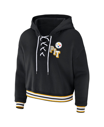 Shop Wear By Erin Andrews Women's  Black Pittsburgh Steelers Lace-up Pullover Hoodie