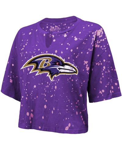 Shop Majestic Women's  Threads Purple Baltimore Ravens Bleach Splatter Notch Neck Crop T-shirt