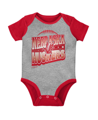 Shop Mitchell & Ness Baby Boys And Girls  Scarlet, Heather Gray Nebraska Huskers 3-pack Bodysuit, Bib And  In Scarlet,heather Gray