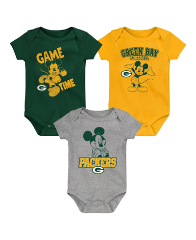 Shop Outerstuff Baby Boys And Girls Green, Gold, Gray Green Bay Packers Three-piece Disney Game Time Bodysuit Set In Green,gold
