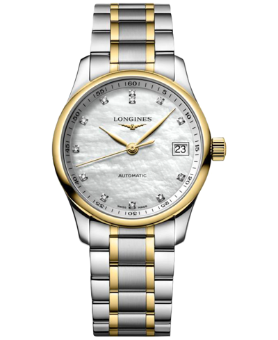 Shop Longines Women's Swiss Automatic Master Diamond (1/20 Ct. T.w.) 18k Gold & Stainless Steel Bracelet Watch 34m
